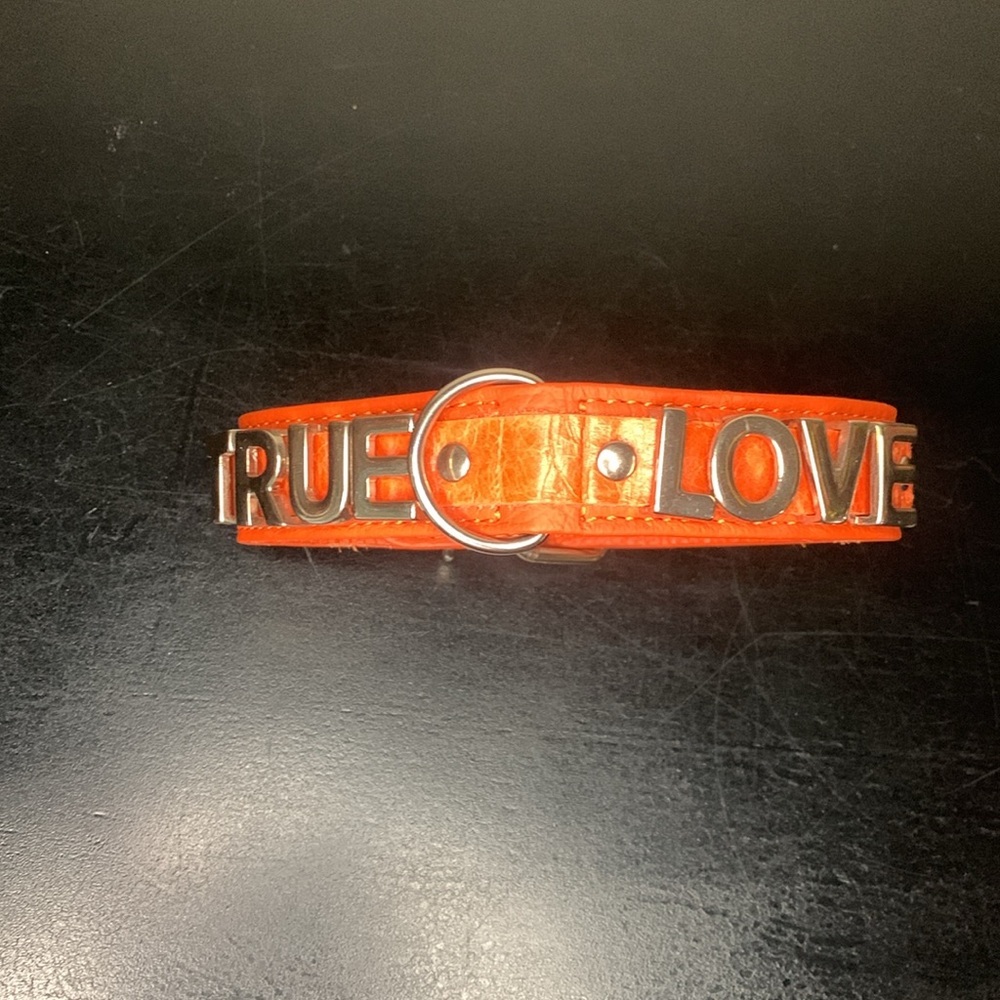 Orange Silver TRUE LOVE  Dog Collar 1" thick Bonded leather